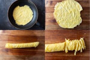 egg ribbon making steps - cook in pan, roll, then slice