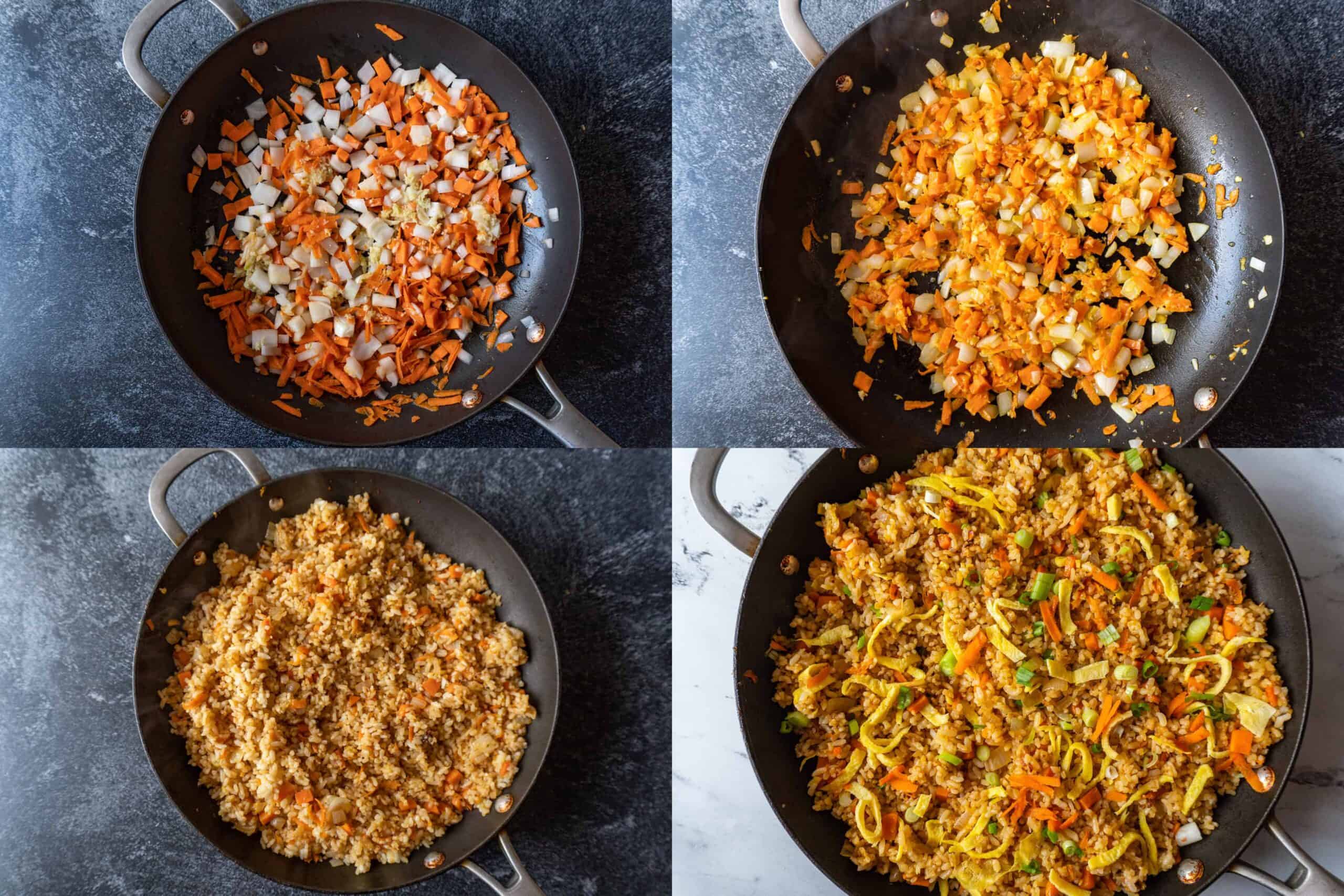 sautee veggies, add rice and sauces, then stir in egg, sesame seed oil and green onion