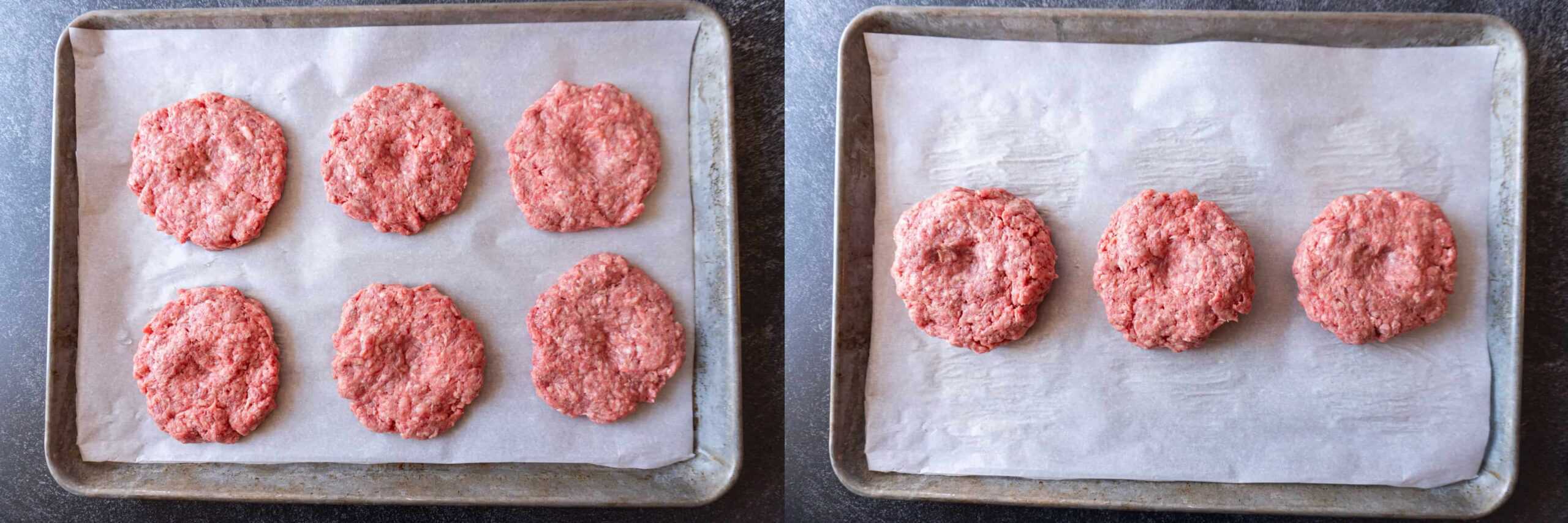 ¼ lb and ½ lb patties, 4 inches in diameter, with indent in center of each