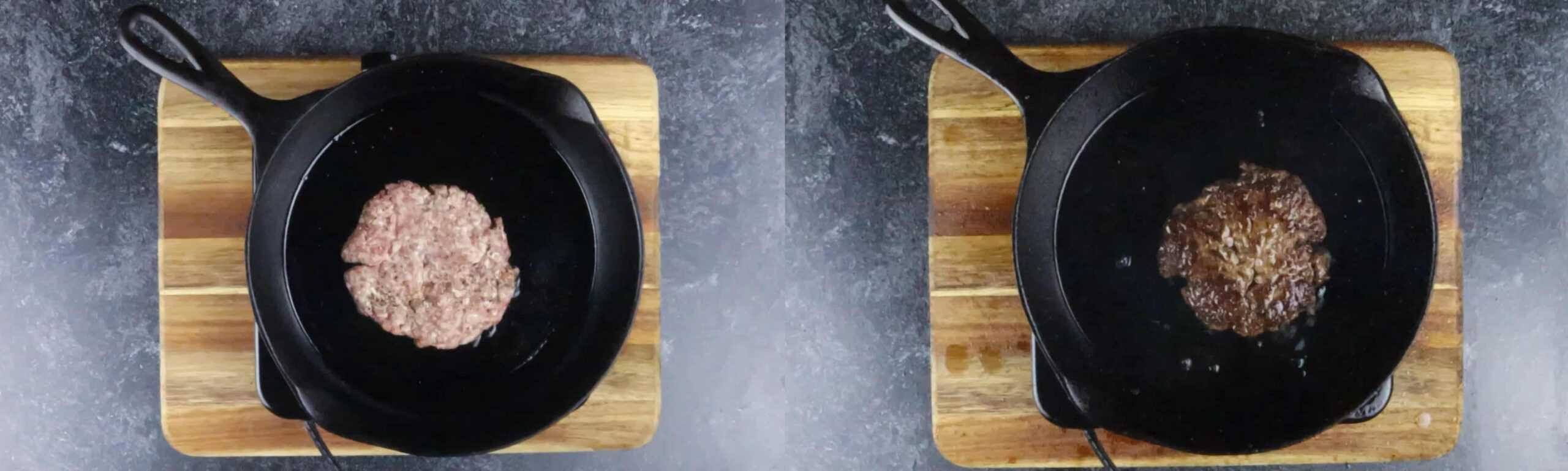 patties in a cast iron skillet uncooked vs cooked