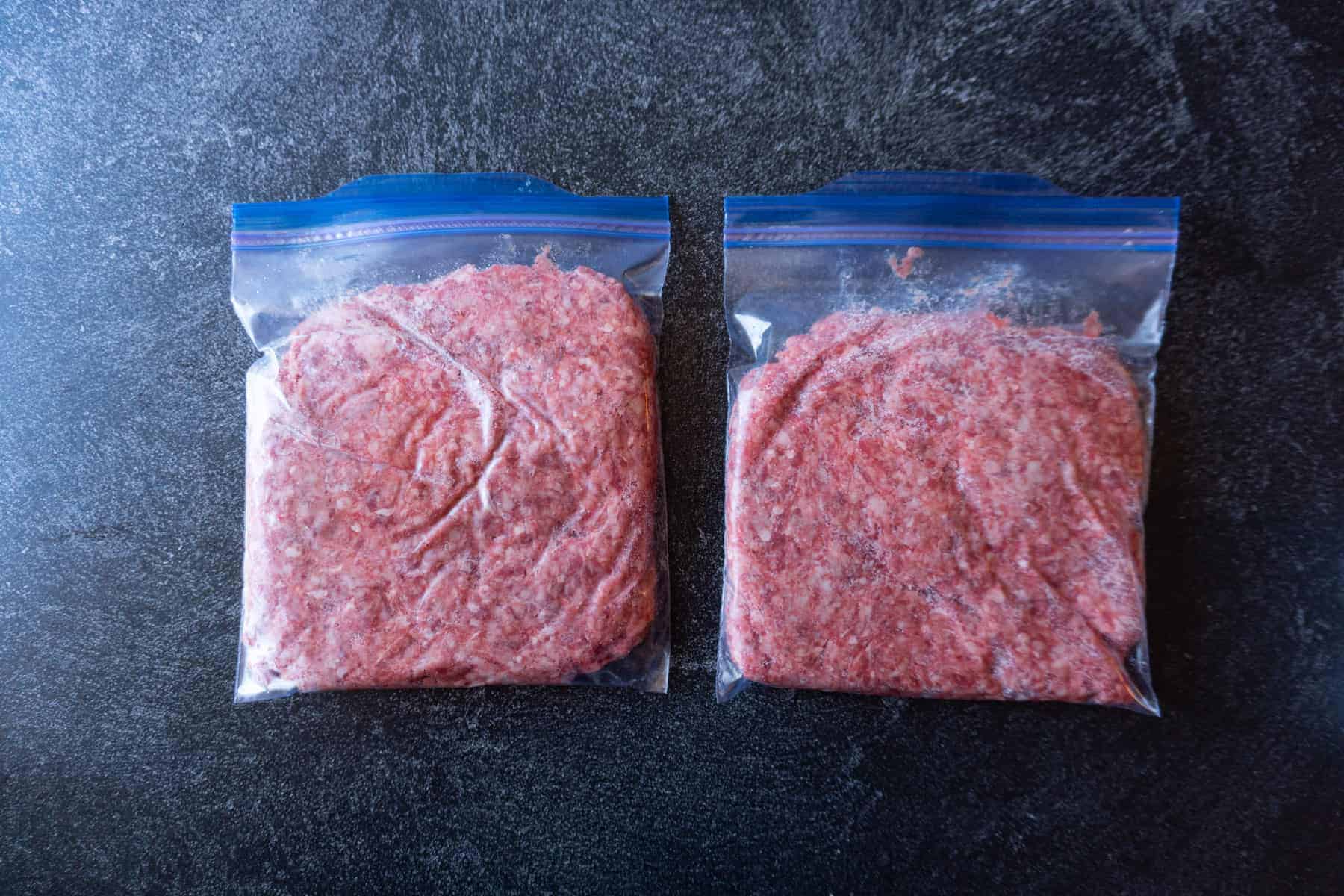 ground beef in quart freezer bags- flattened