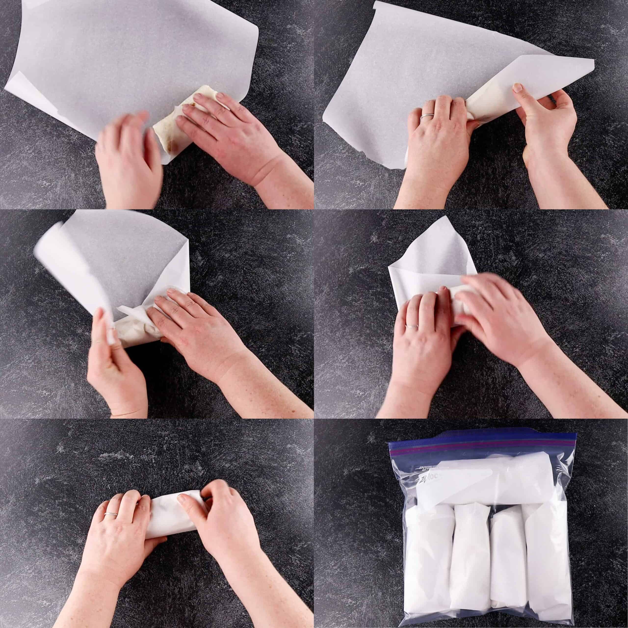 process steps of how to roll a burrito in parchment paper