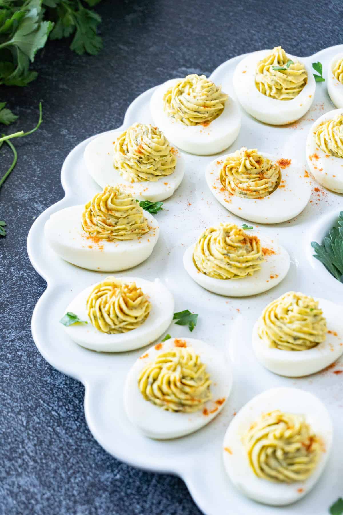 Deviled eggs in dish