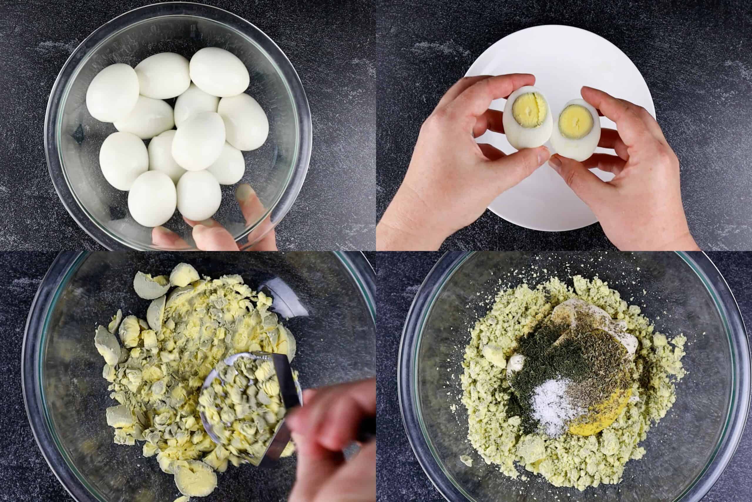 deviled eggs process shots- making the filling