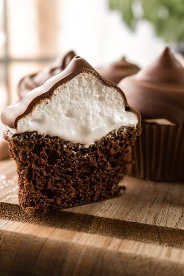 Marshmallow Frosting is a delicious and fun frosting for any cupcake- especially if you dip it in chocolate! #marshamllow #marshmallowfrosting #frosting #easy #atablefullofjoy #highhatcupcake #hihatcupcake #hardshell