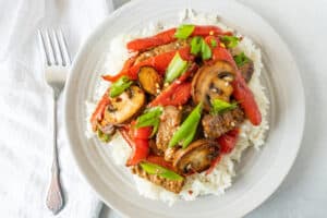 Beef with Garlic Sauce overhead shot on plate with rice