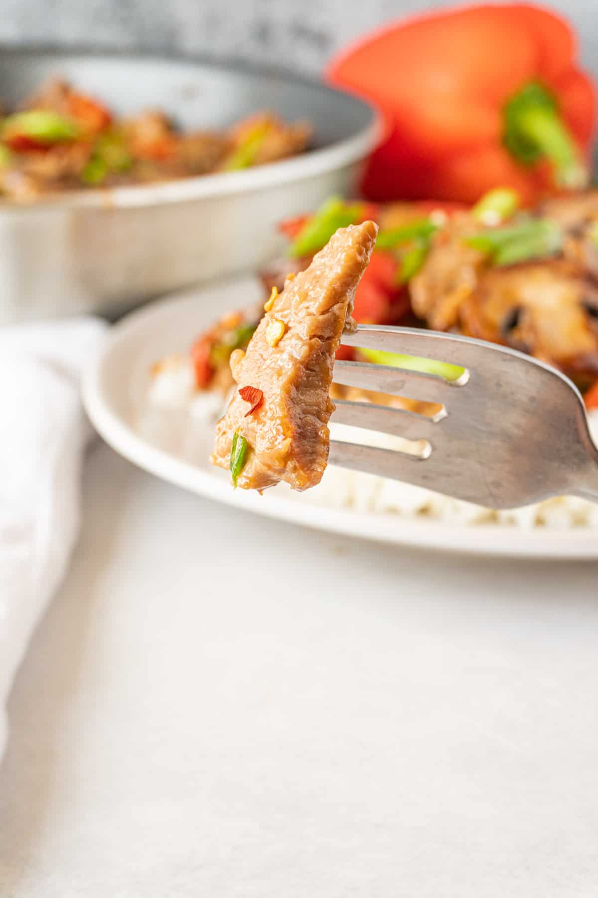 piece of steak on fork