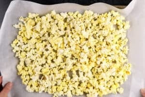 popcorn on baking sheet