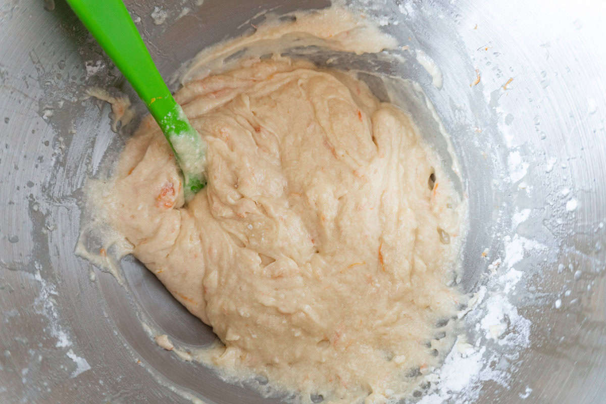 grapefruit cupcake batter in mixing bowl.