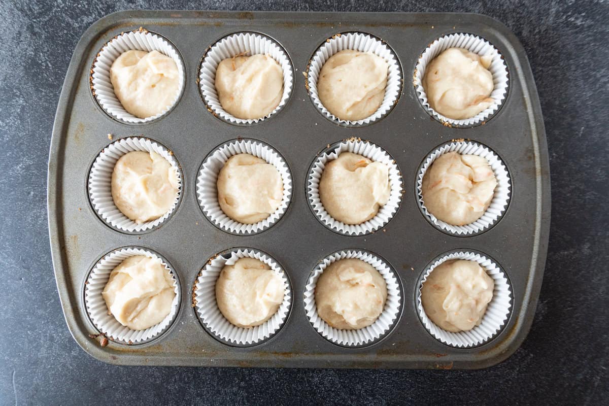 batter in cupcake tin before baking.