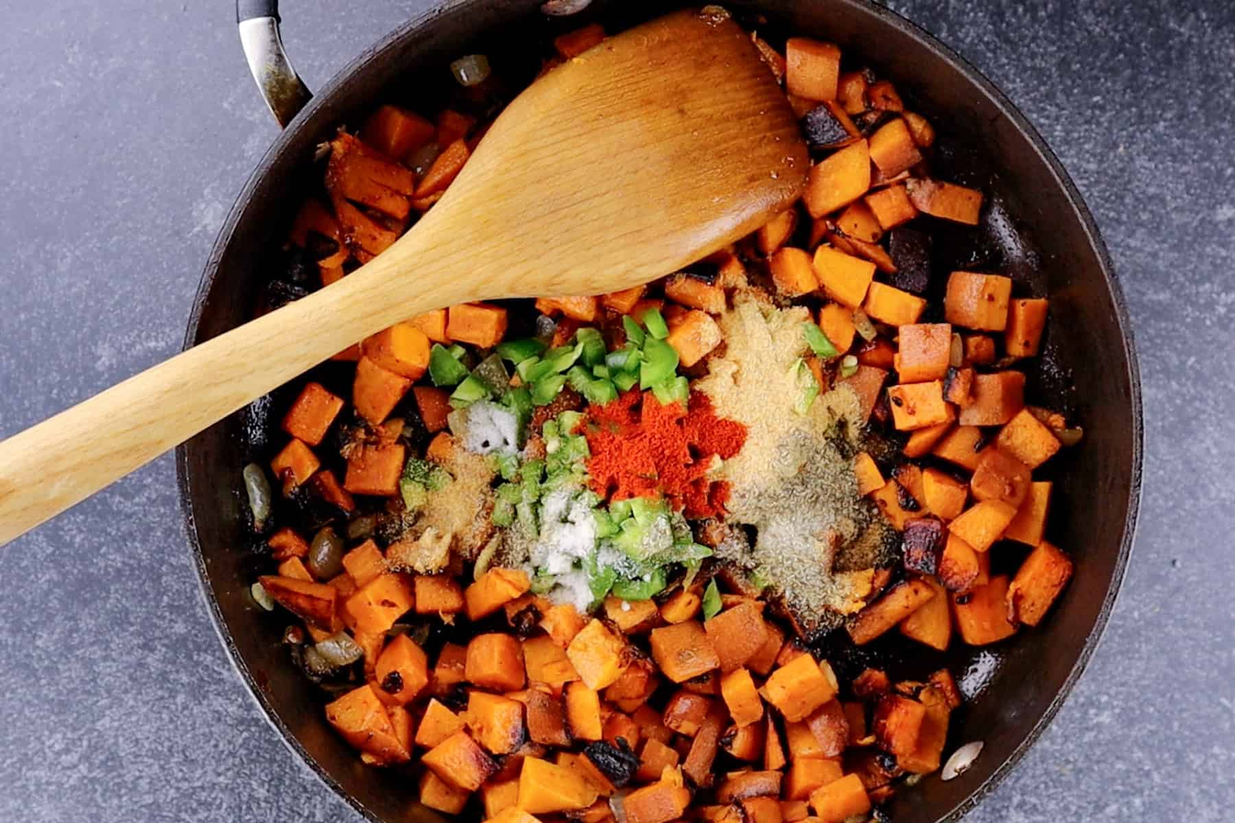 spices added to skillet