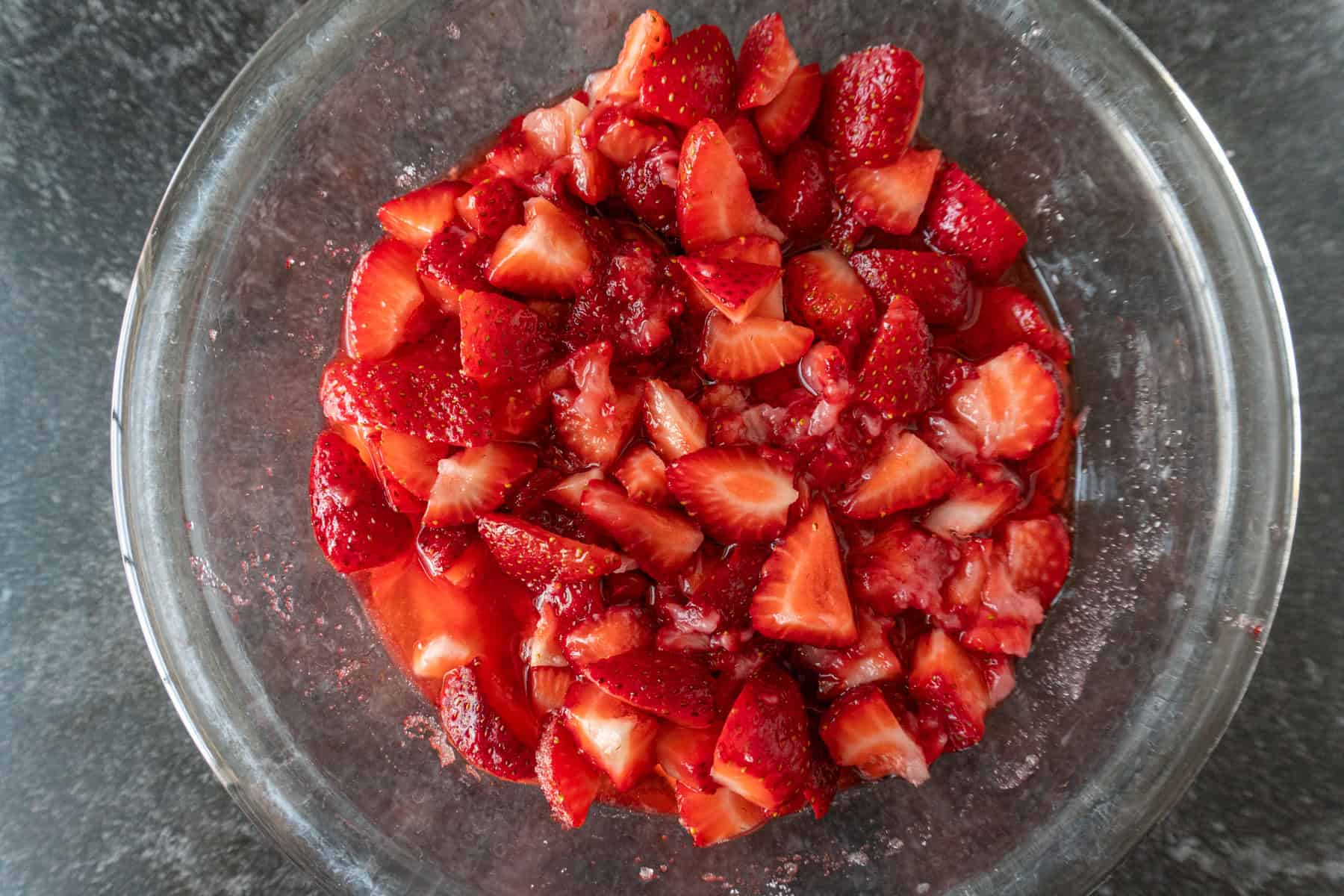 strawberry filling mixture in glass bowl.