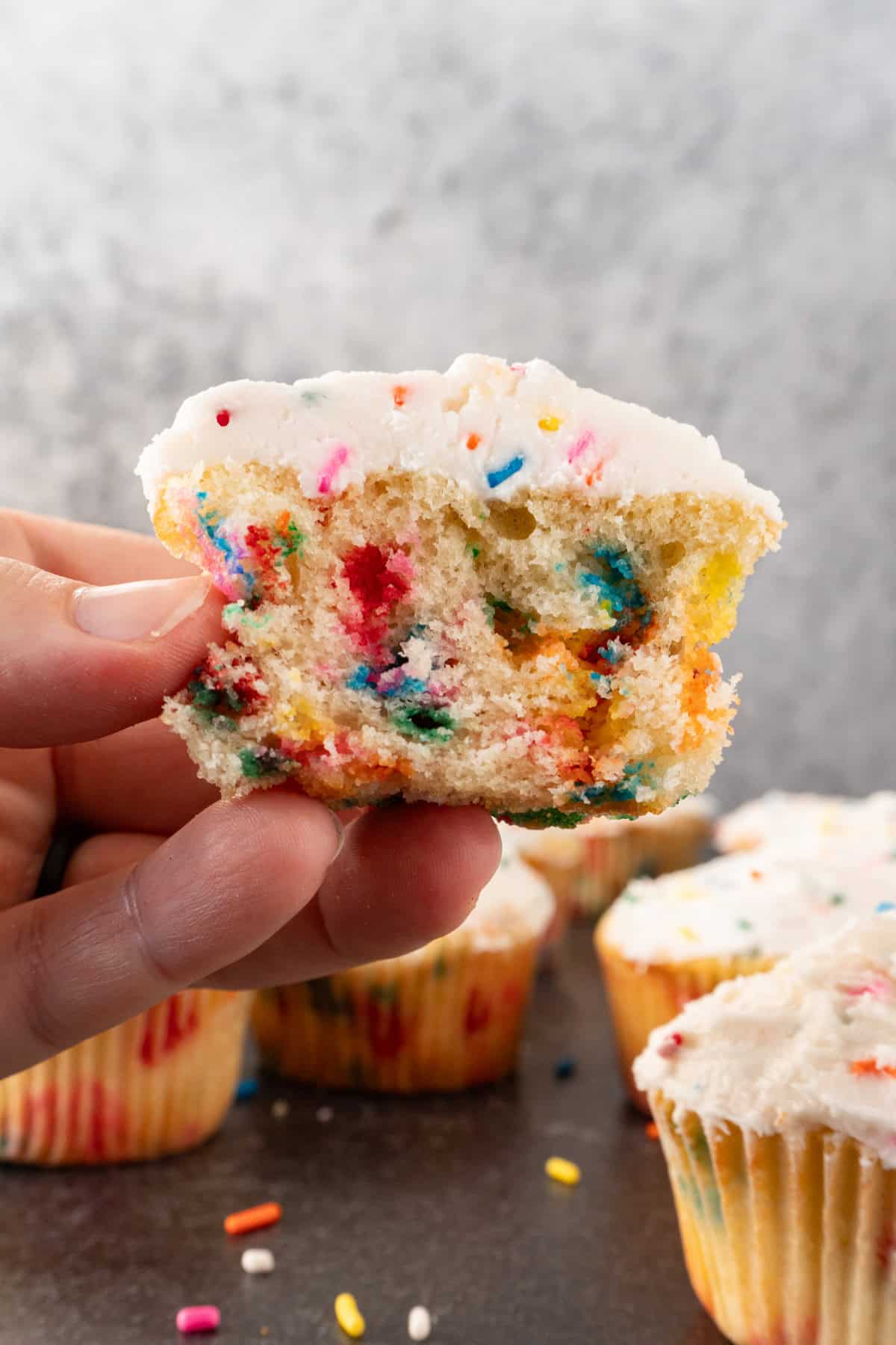 holding a birthday funfettie cupcake cut in half.