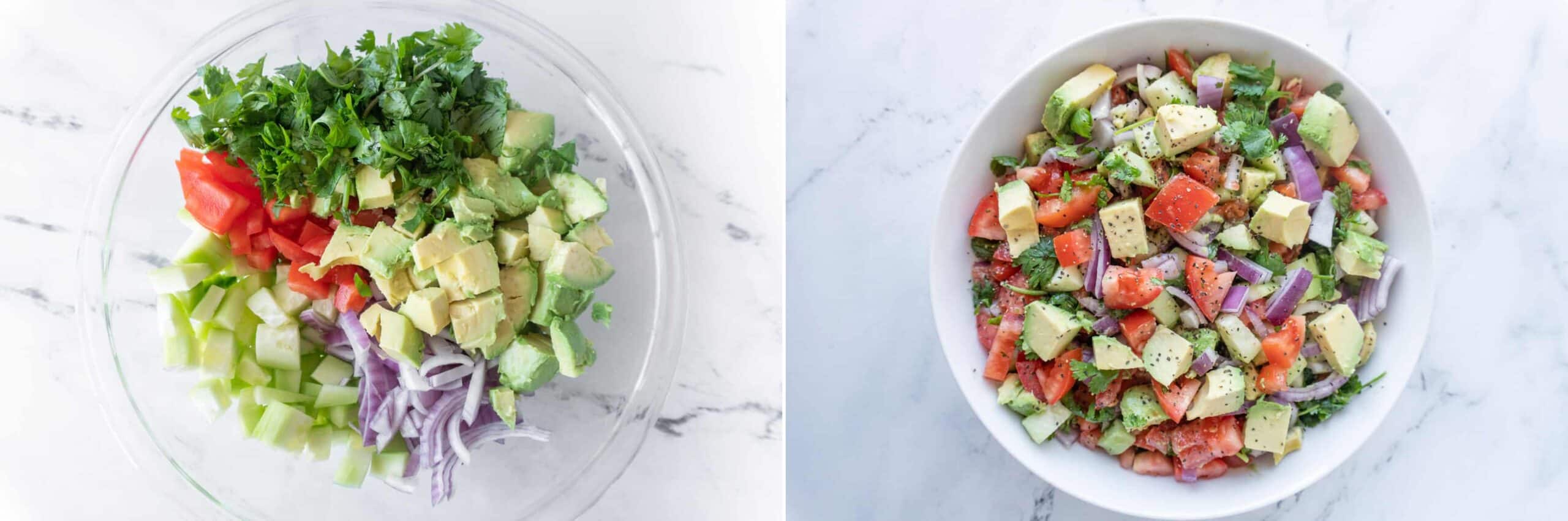 Cucumber Avocado Salad before and after mixing