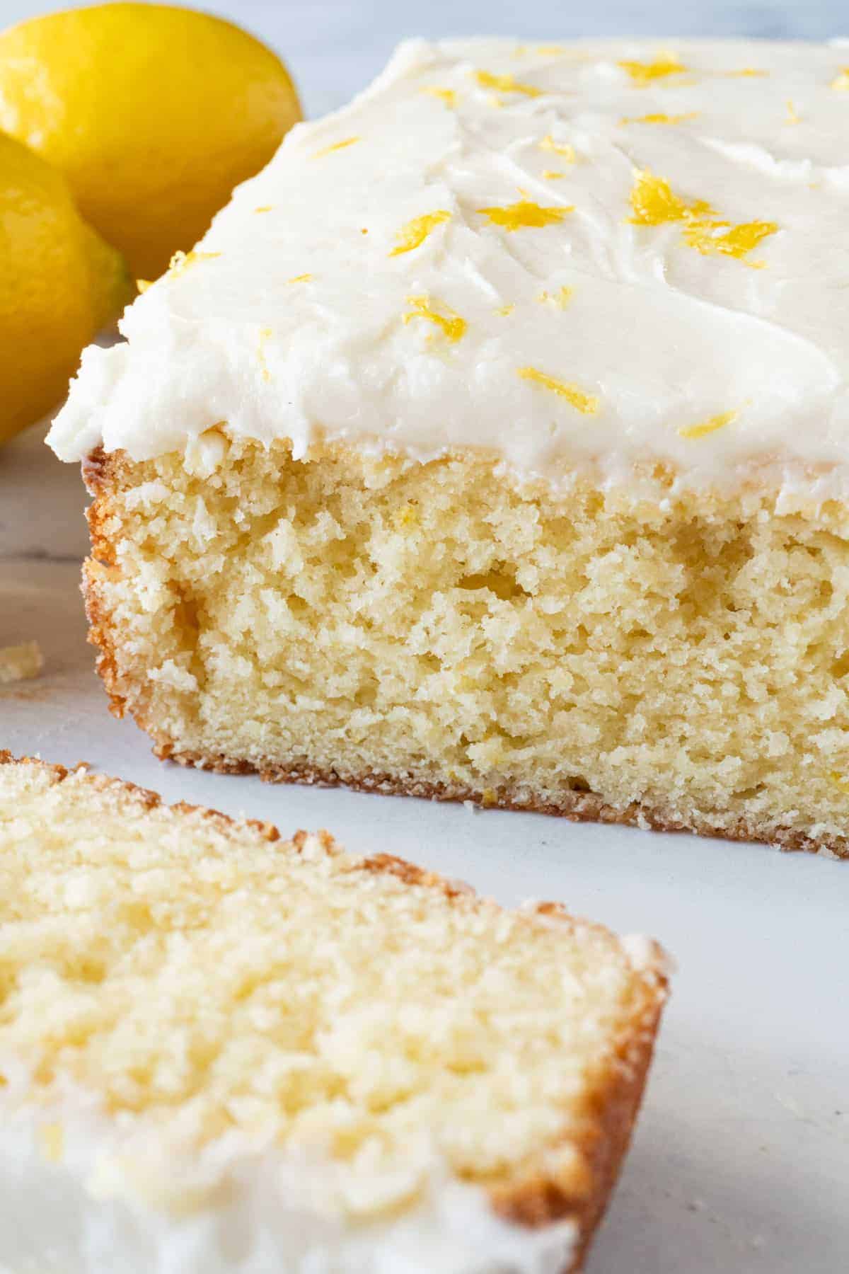 Lemon cake with slice cut