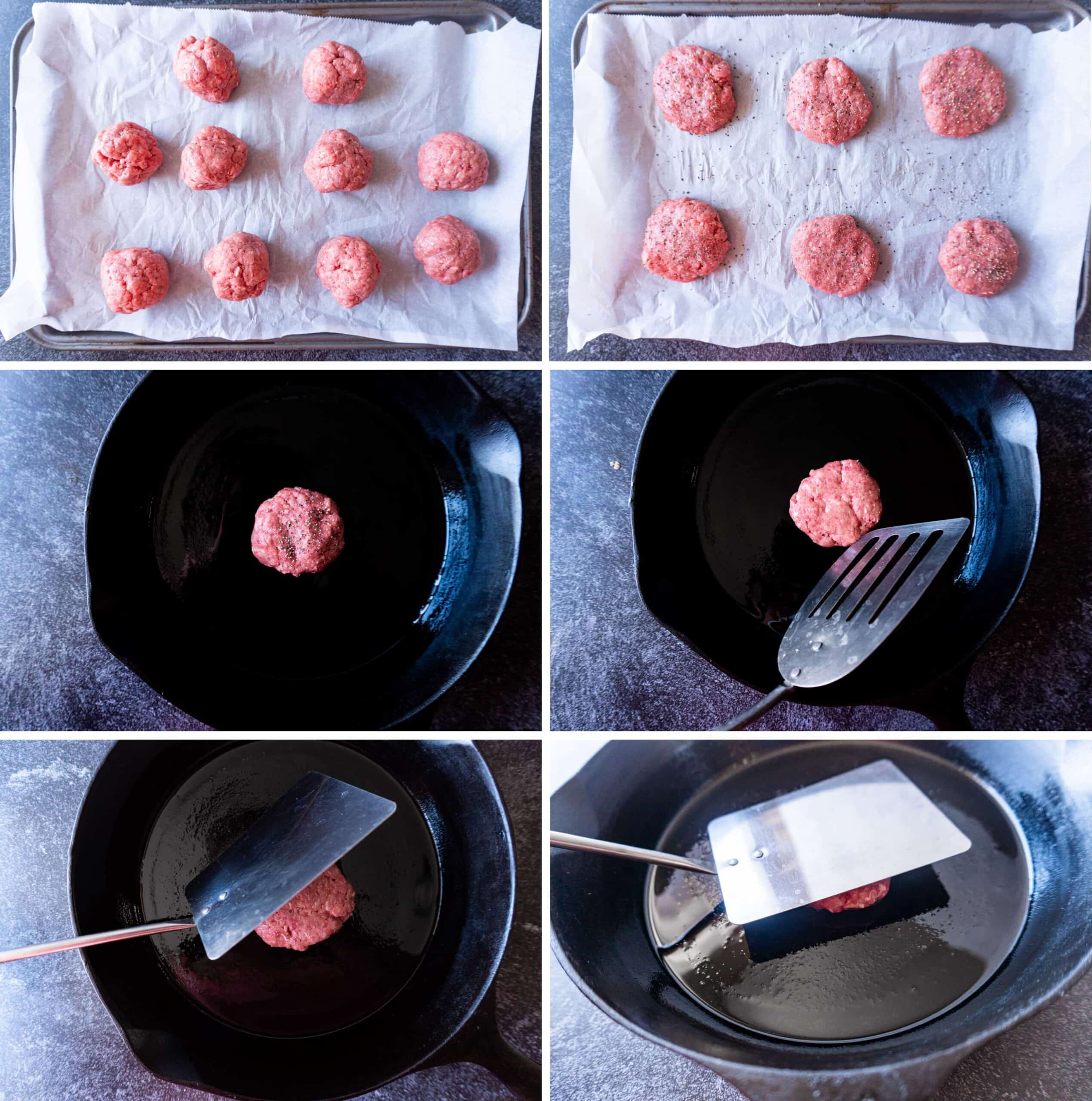 steps of making slider patties: roloing, flattening, seasoning, cooking: 