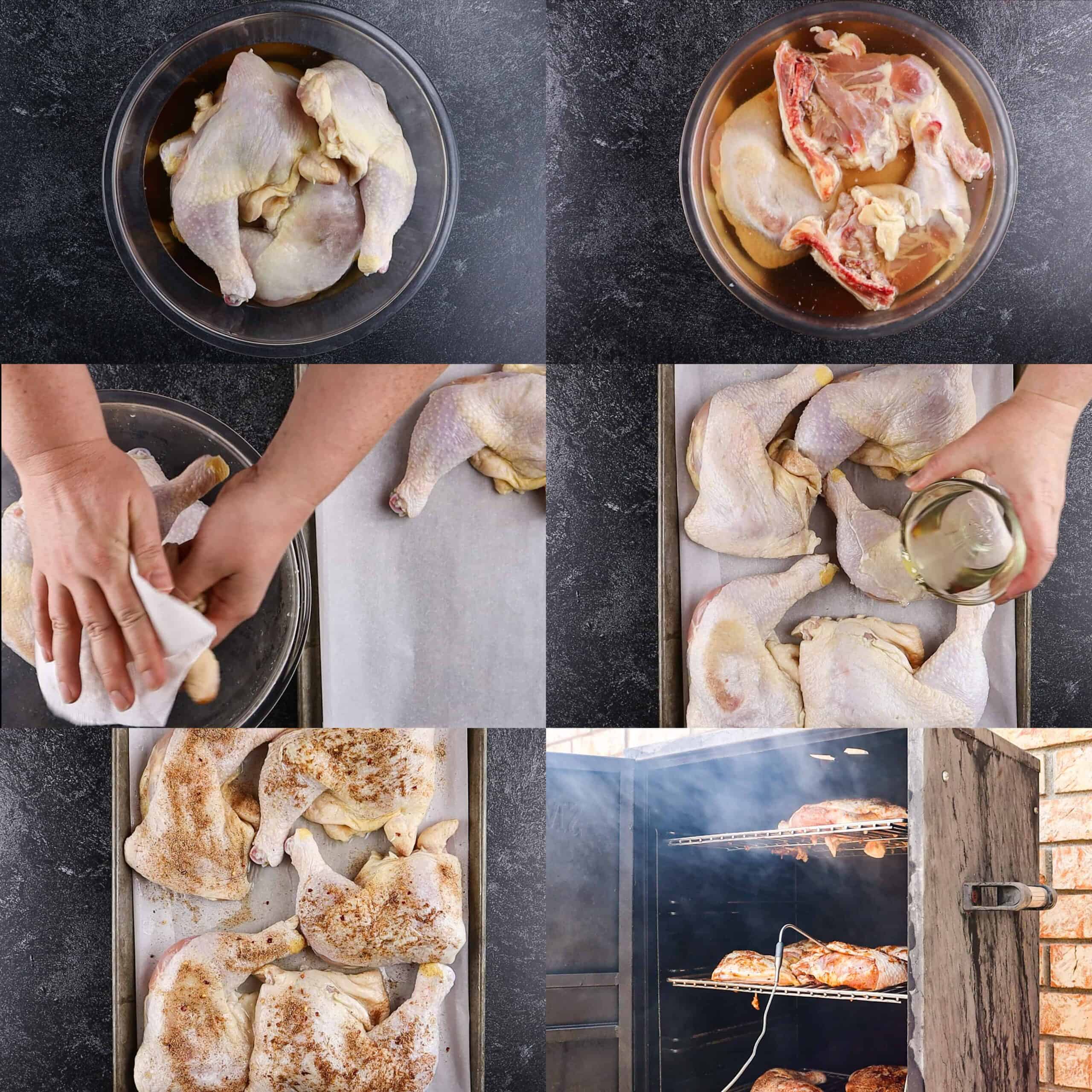 steps for making smoked chicken- brining, dry, oil, season, smoke