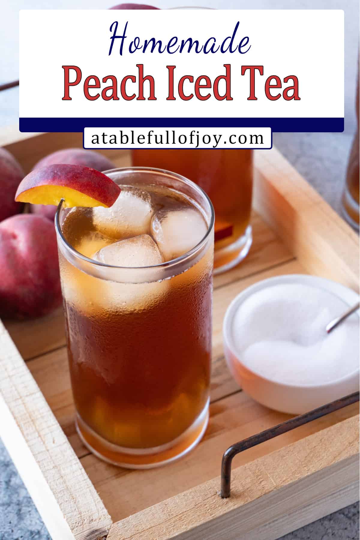 peach tea in class on wooden tray Pinterest pin