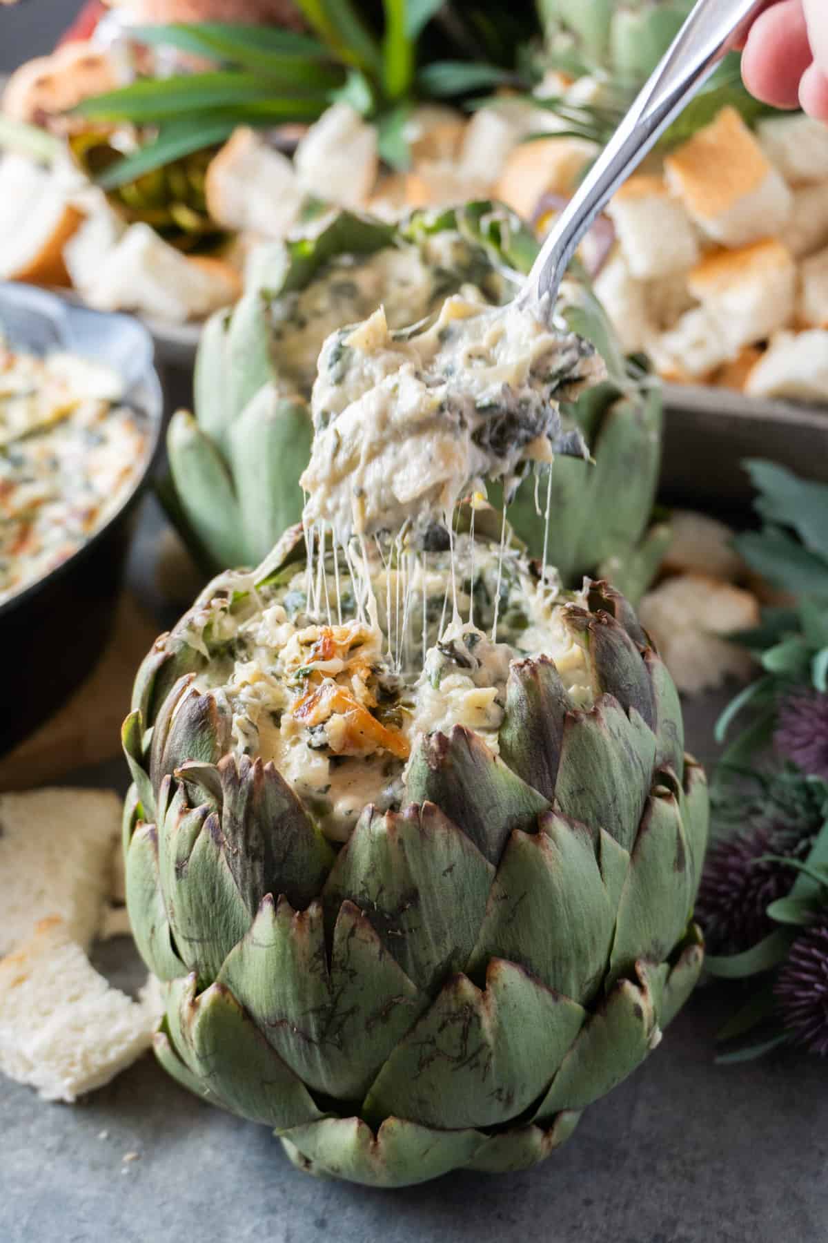 Hot Spinach Artichoke Dip in Artichoke Bowl