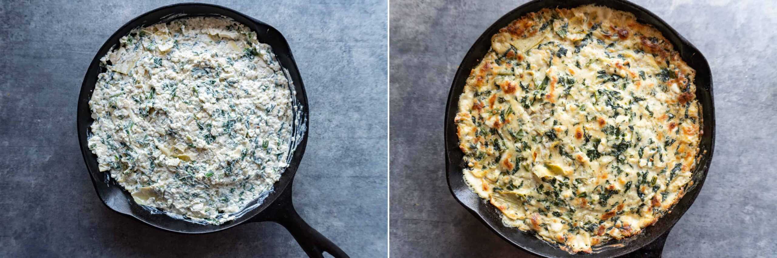 Before and after baking artichoke dip