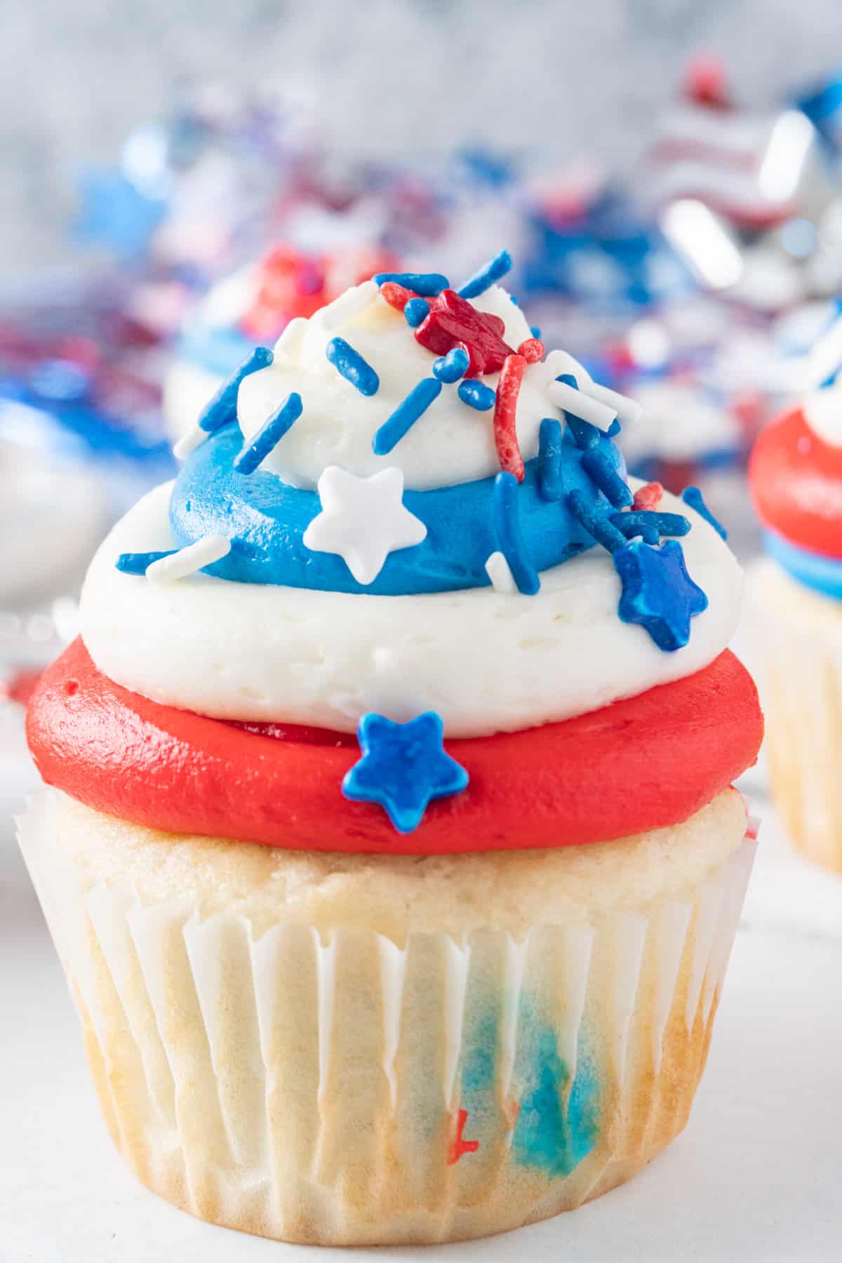 close up of red white and blue cupcakes