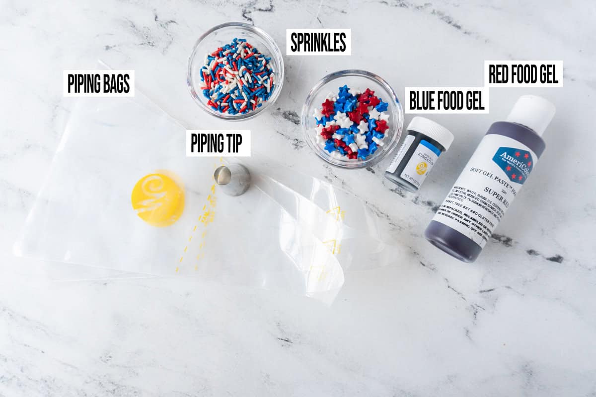 additional equipment and decorations for red, white, and blue cupcakes in individual bowls and labeled.