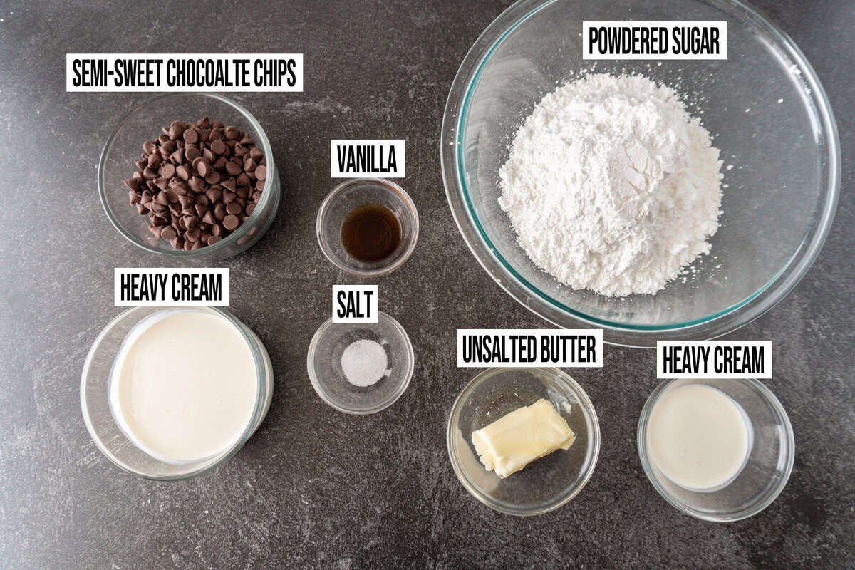 ganache and filling ingredients in bowls.