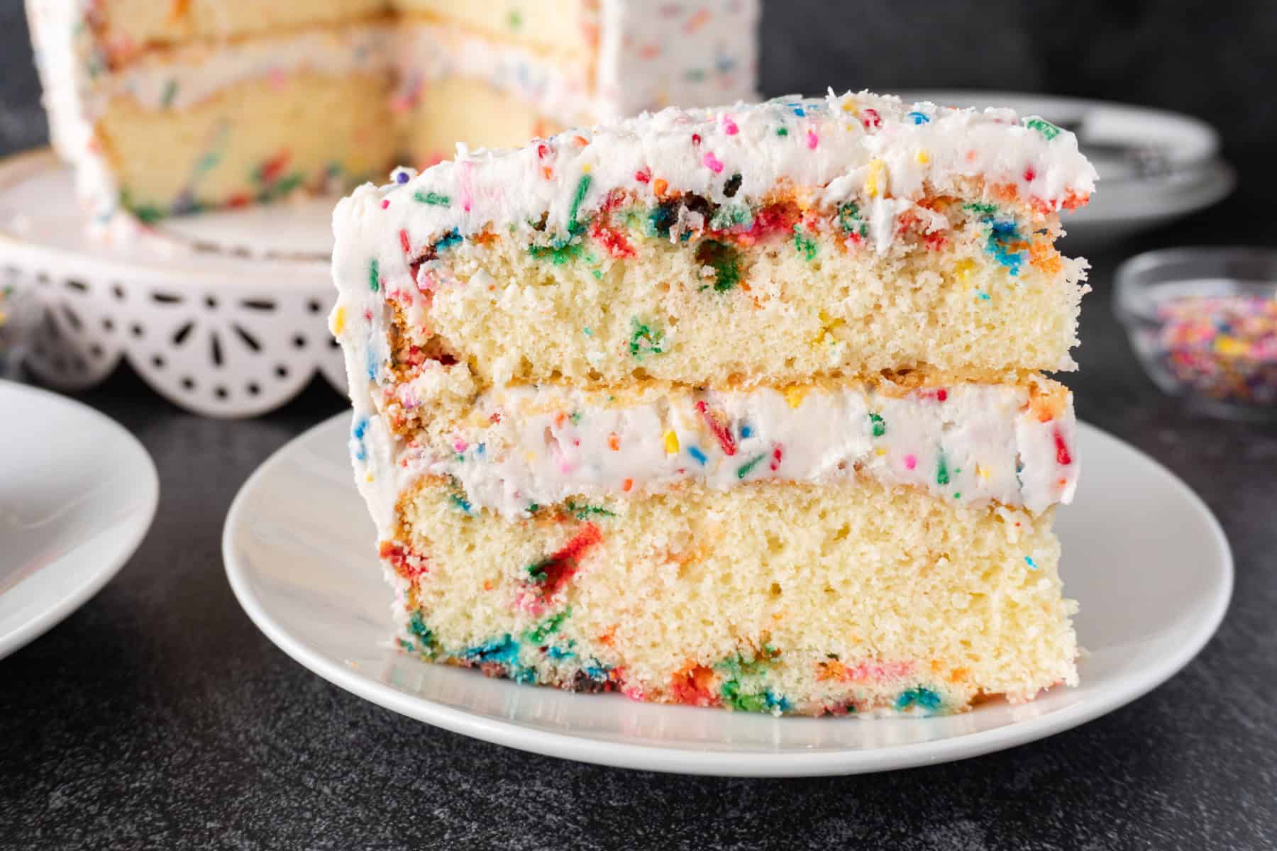 Slice of Birthday Cake on a white plate.