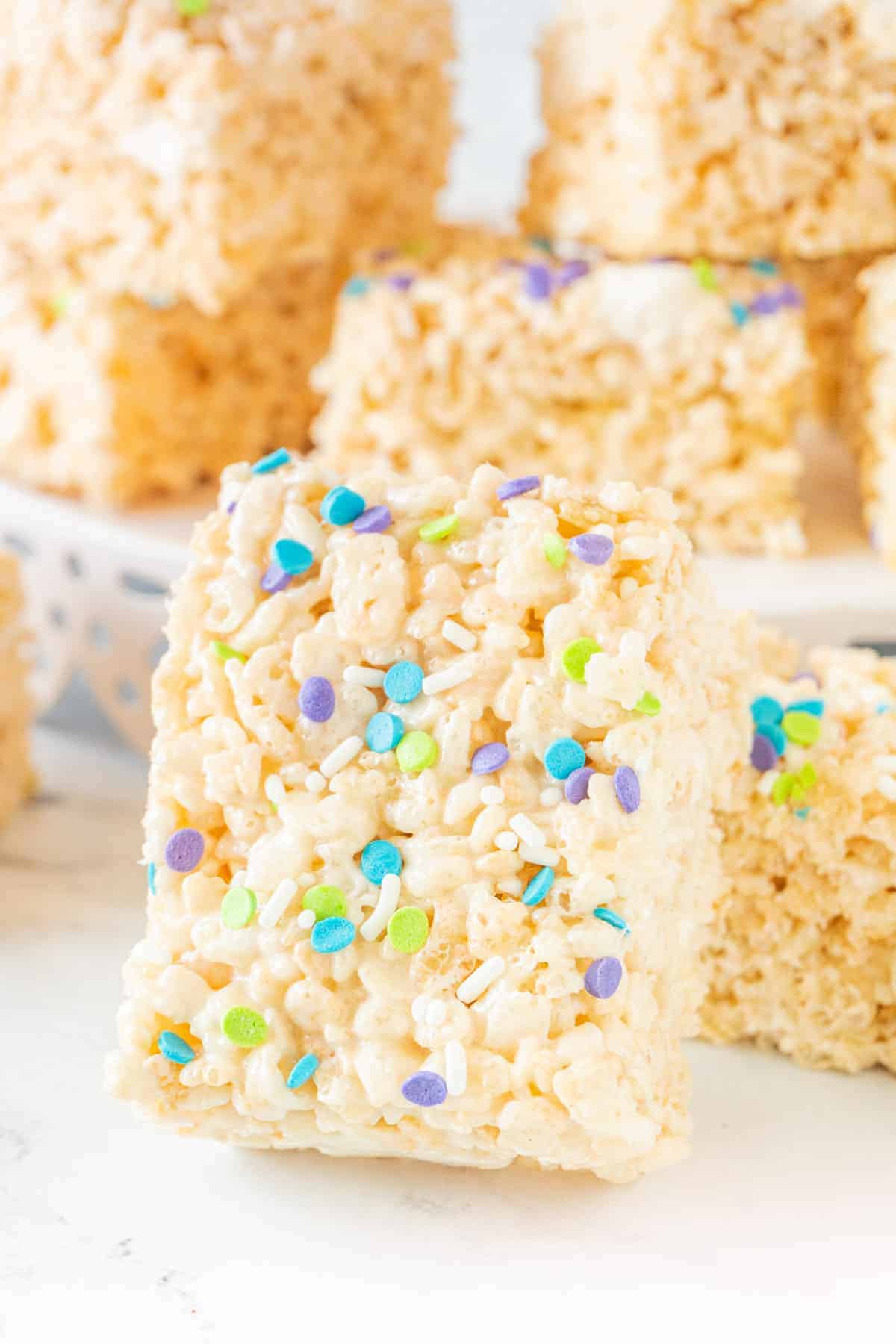 Rice Crispy Treat leaning against other rice crispy treats