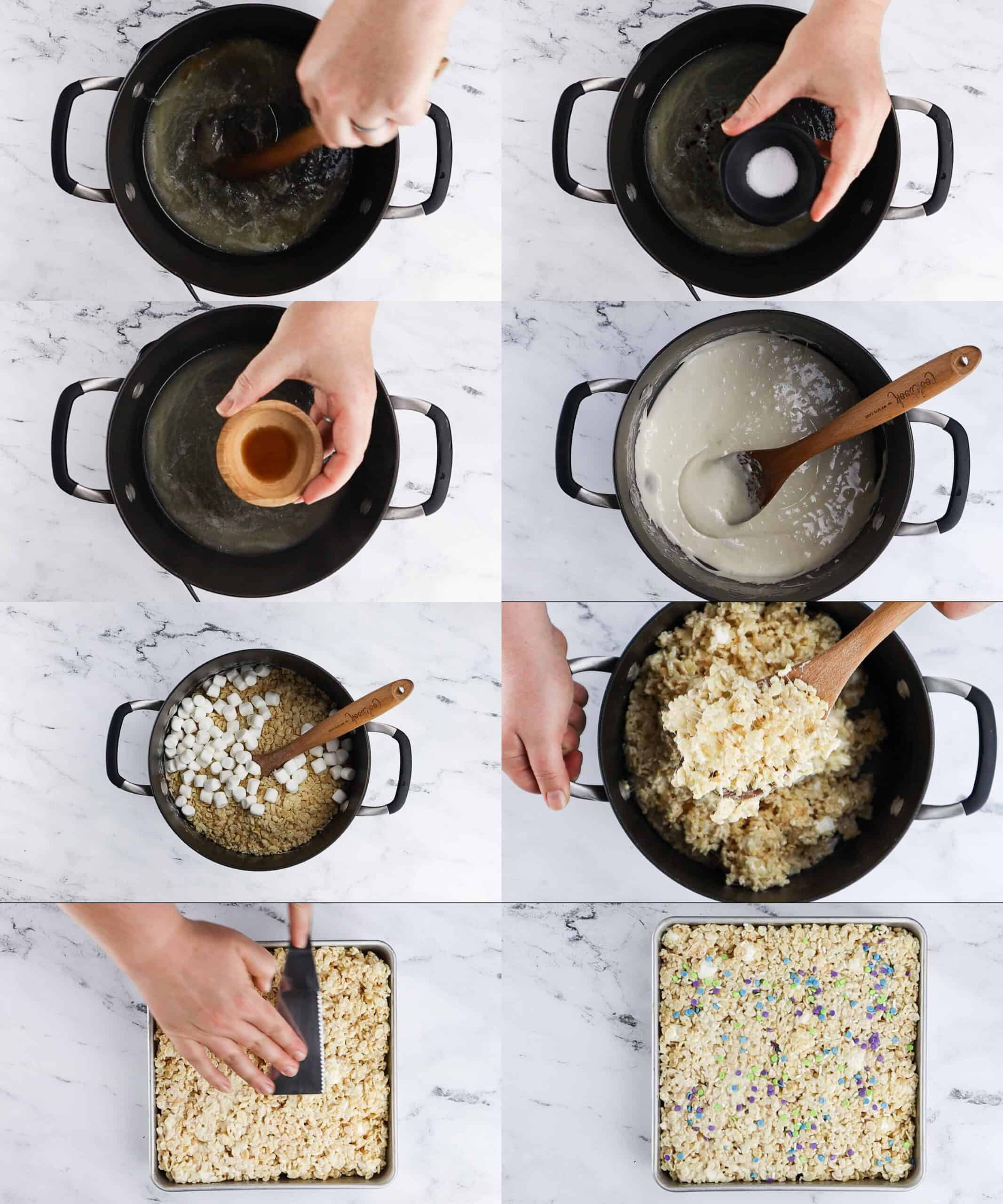 Process Shots of making the rice crispy treats- adding all ingredients, mixing and placing in baking dish