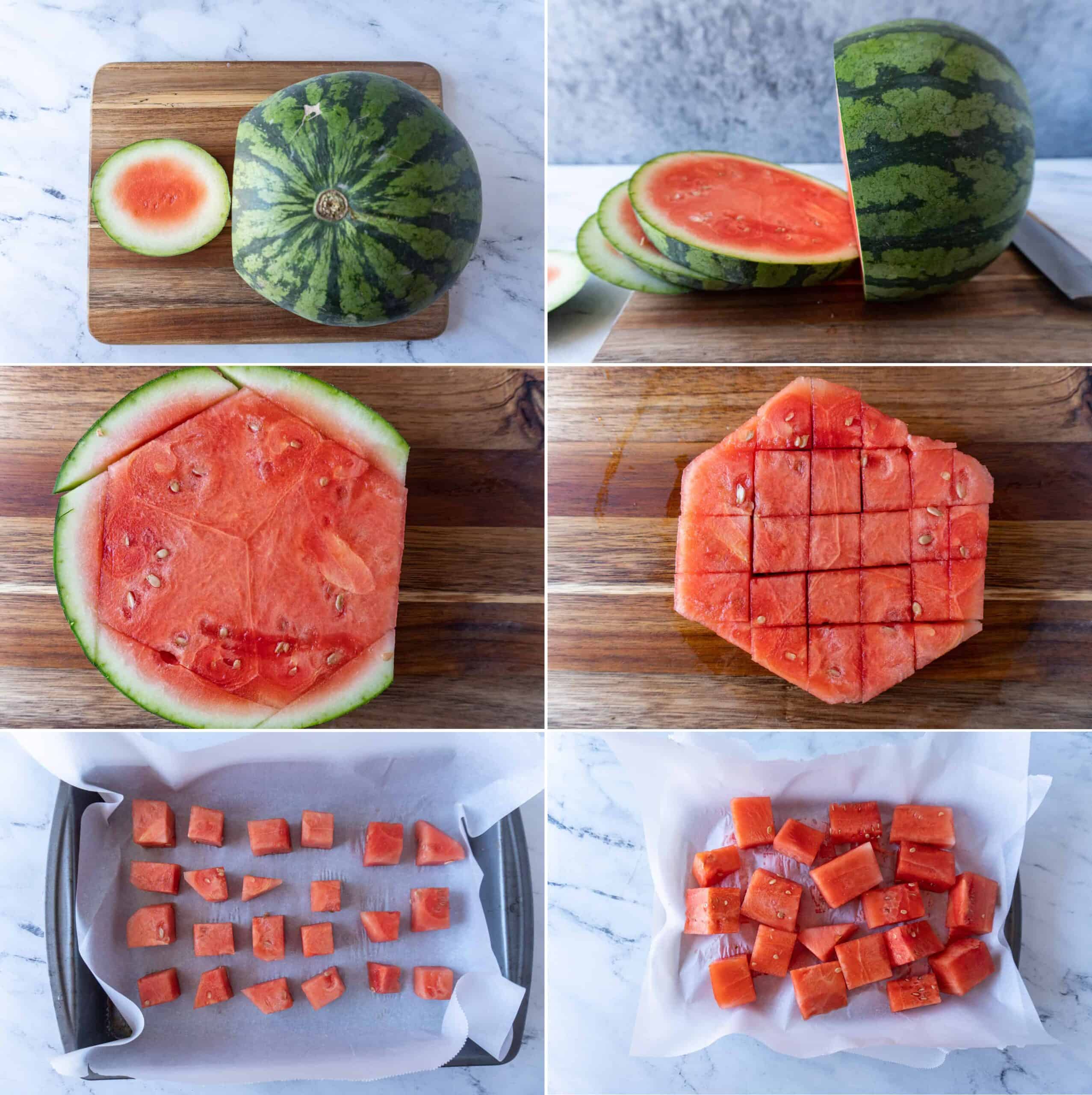 Process shots of how to cut and freeze watermelon