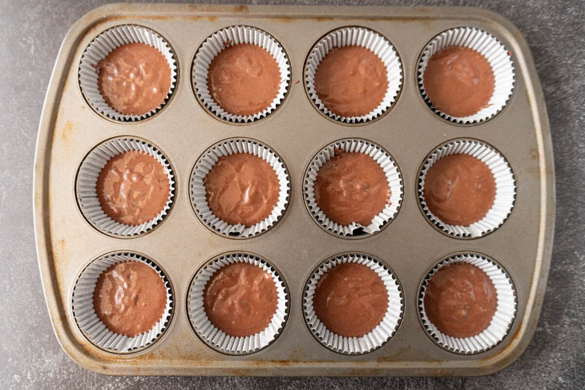 batter in cupcake tin.