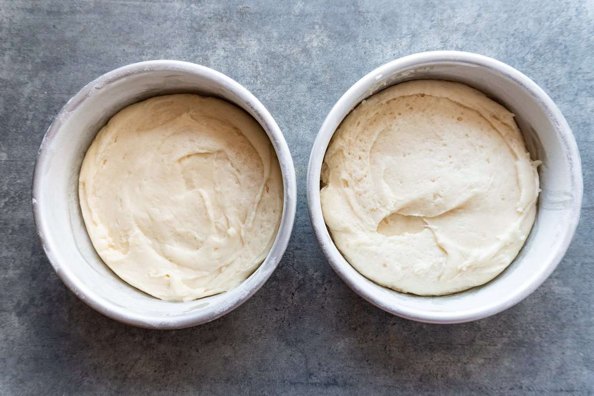 cake batter in cake pans