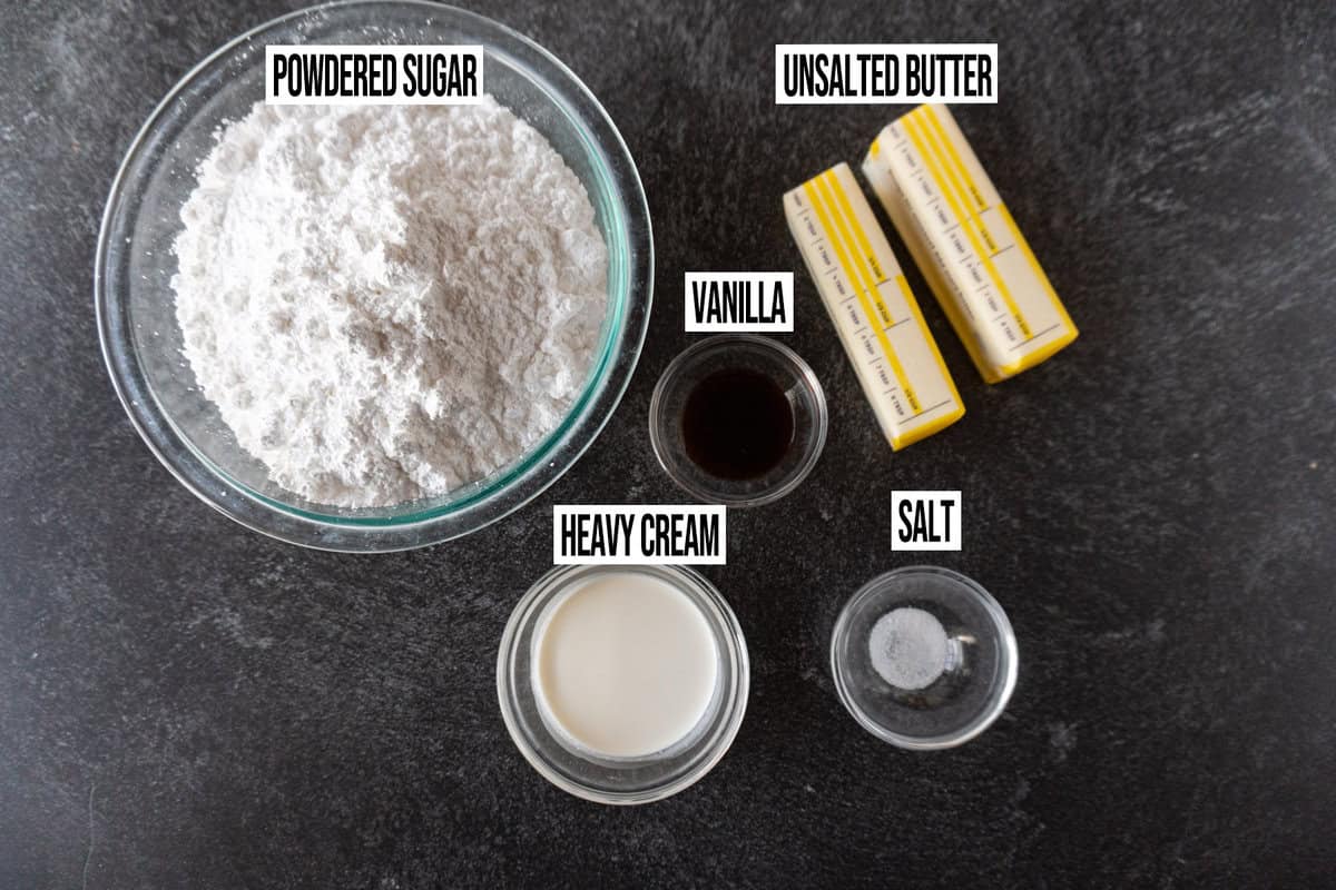 vanilla frosting ingredients in their own bowls.