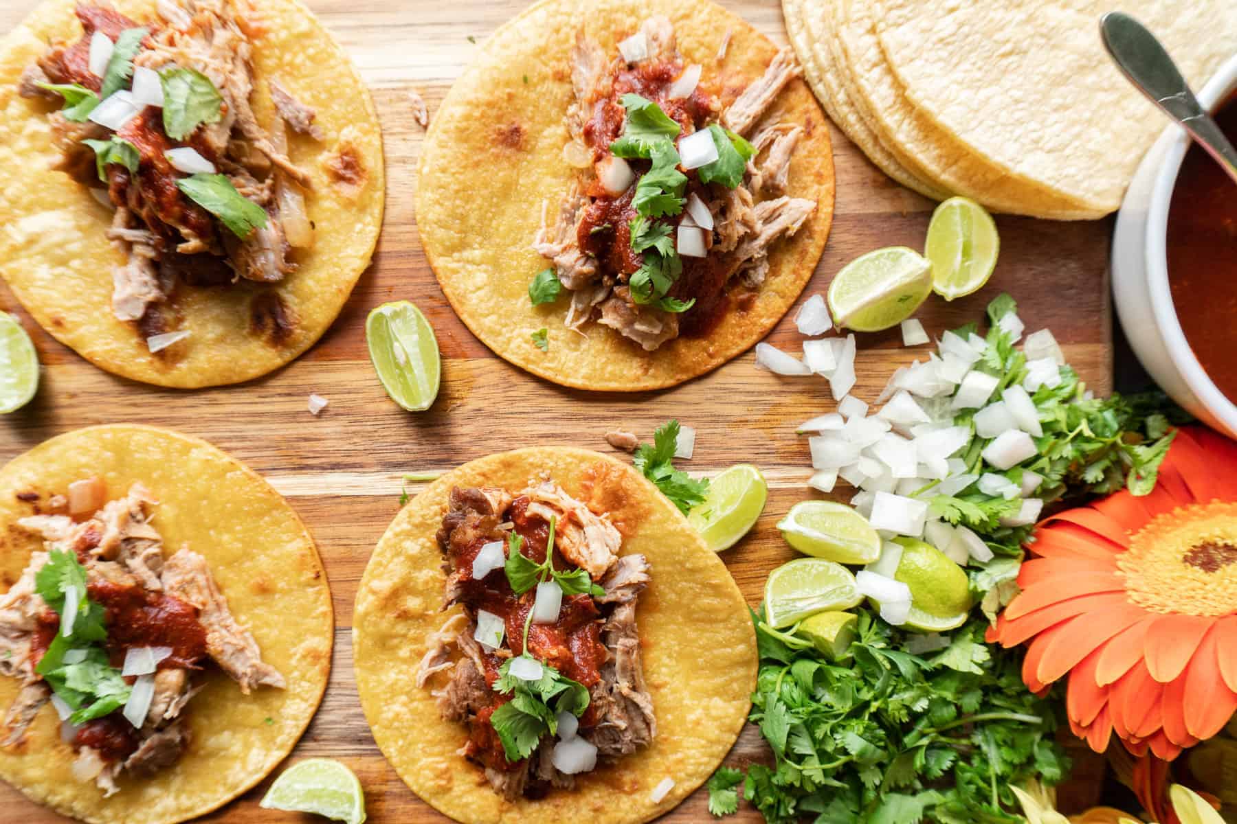 Flatlay of carnitas tacos