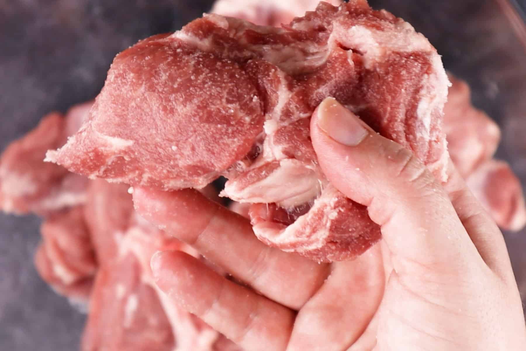 holding a chunk of salted pork butt.
