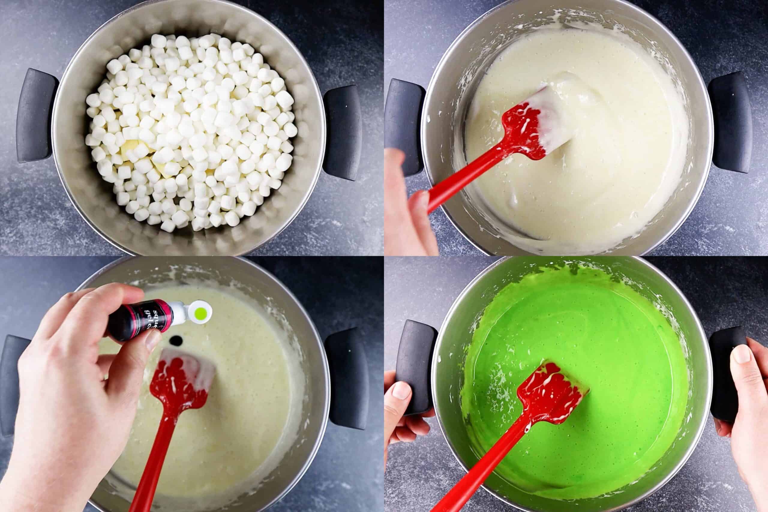 melting marshmallow and butter and mixing in green food coloring