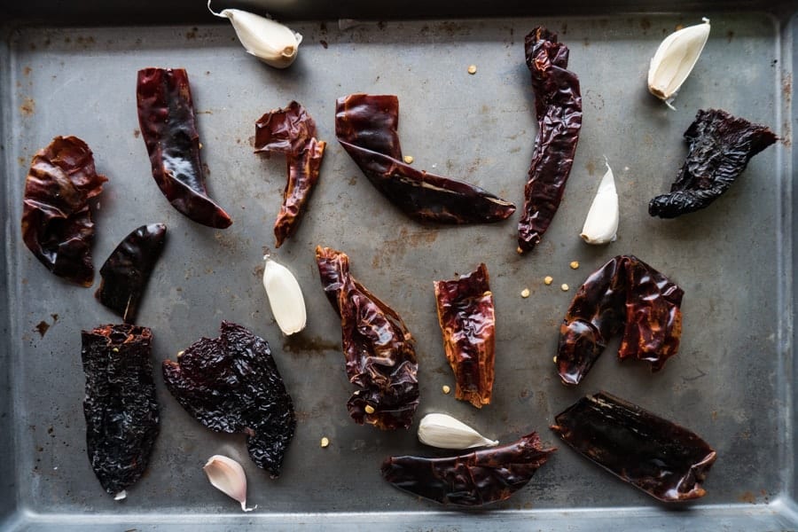Red Chile Sauce Step 1 Roast Chile and Garlic