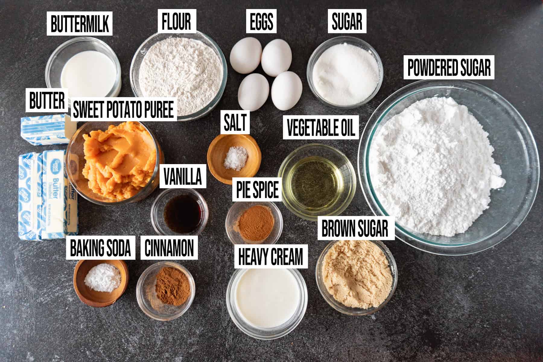 Sweet Potatoes Cupcakes with Brown Sugar Frosting: Ingredients in individual bowls and labeled.