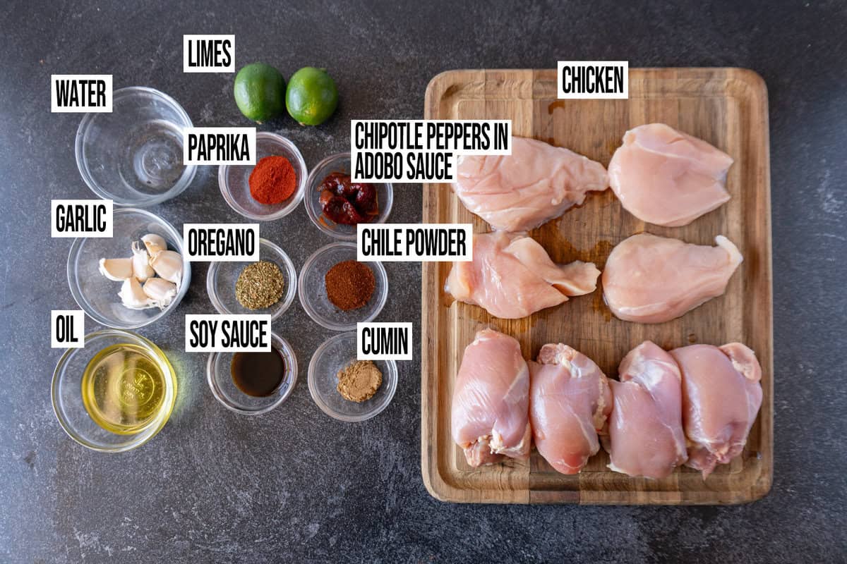 Chicken Street Tacos ingredients laid out in individual bowls and labeled.