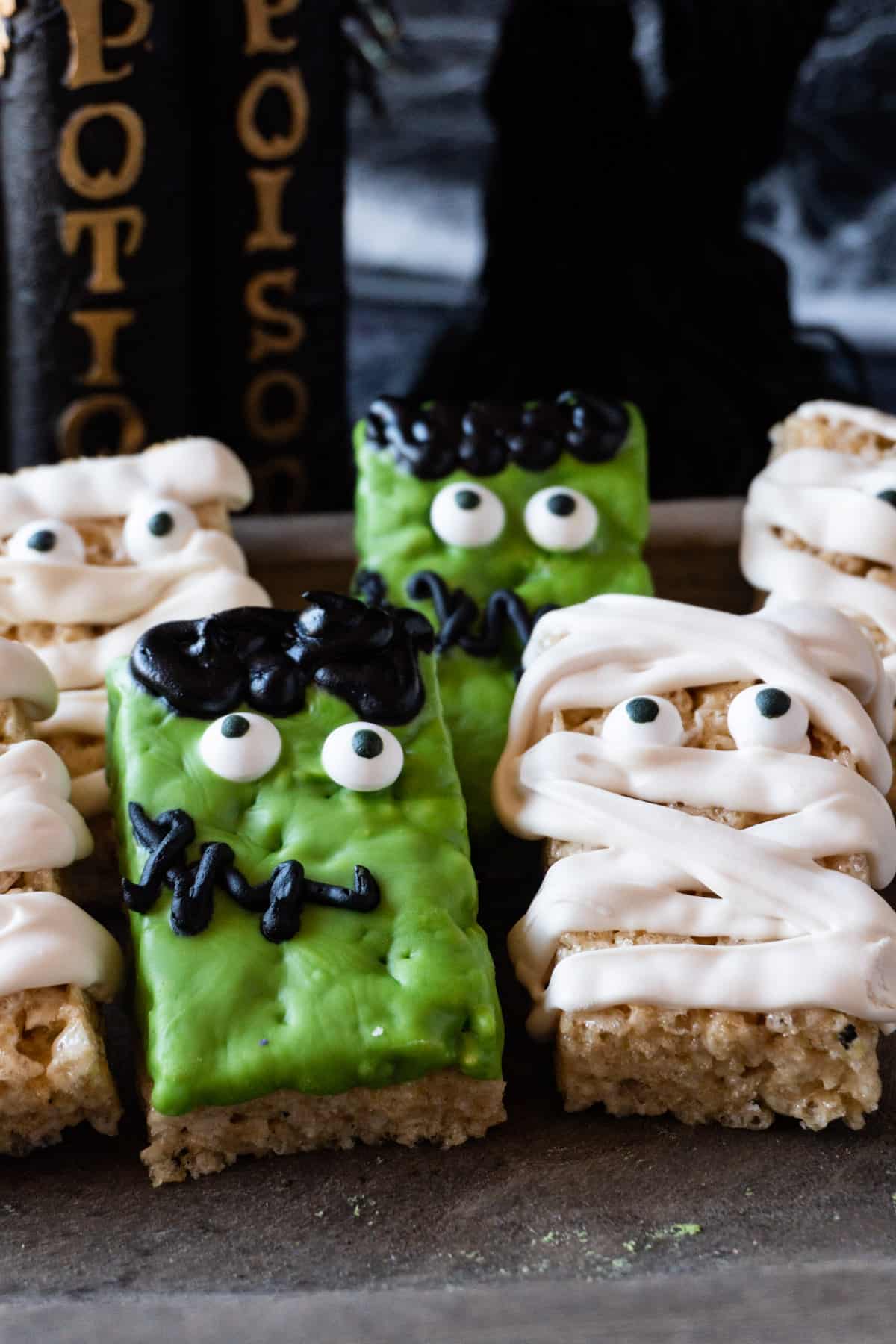 Frankenstein and Mummy rice crispy treats close up