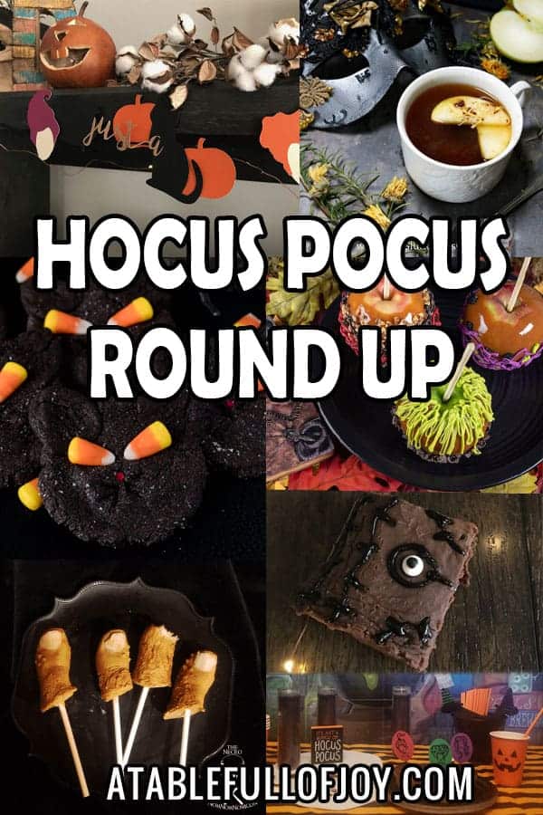Hocus Pocus Round Up, Celebrate your favorite Hallowwen Movie with food and party ideas! #hocuspocus #halloween #movie #disney #atablefullofjoy #binx #cookies #brownies #caramelapples