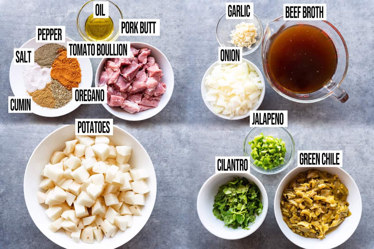 green chile stew ingredients in individual bowls and labeled.