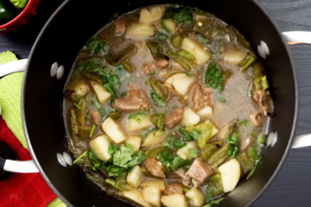 Green Chile Stew in pot, full cooked.