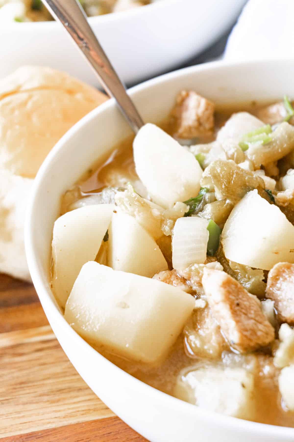 close up of green chile stew