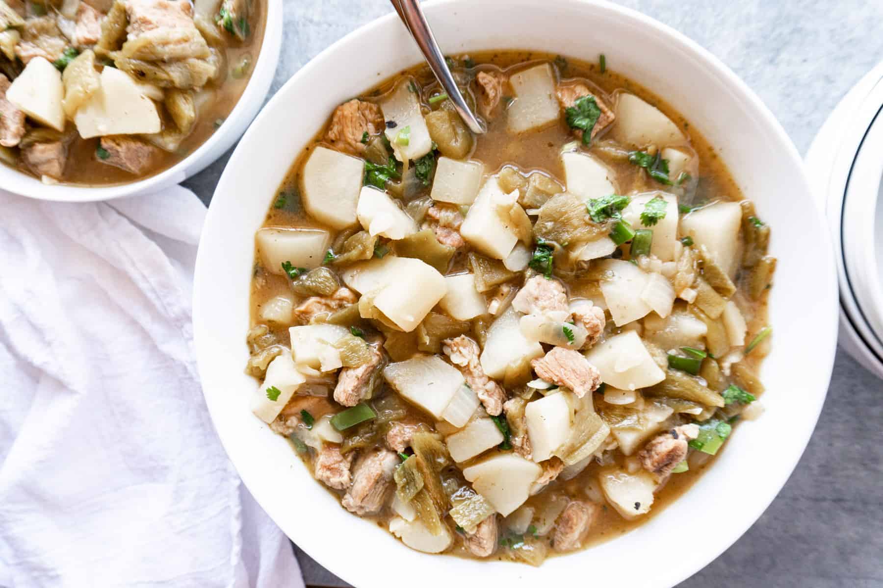 green chile stew in a large bowl