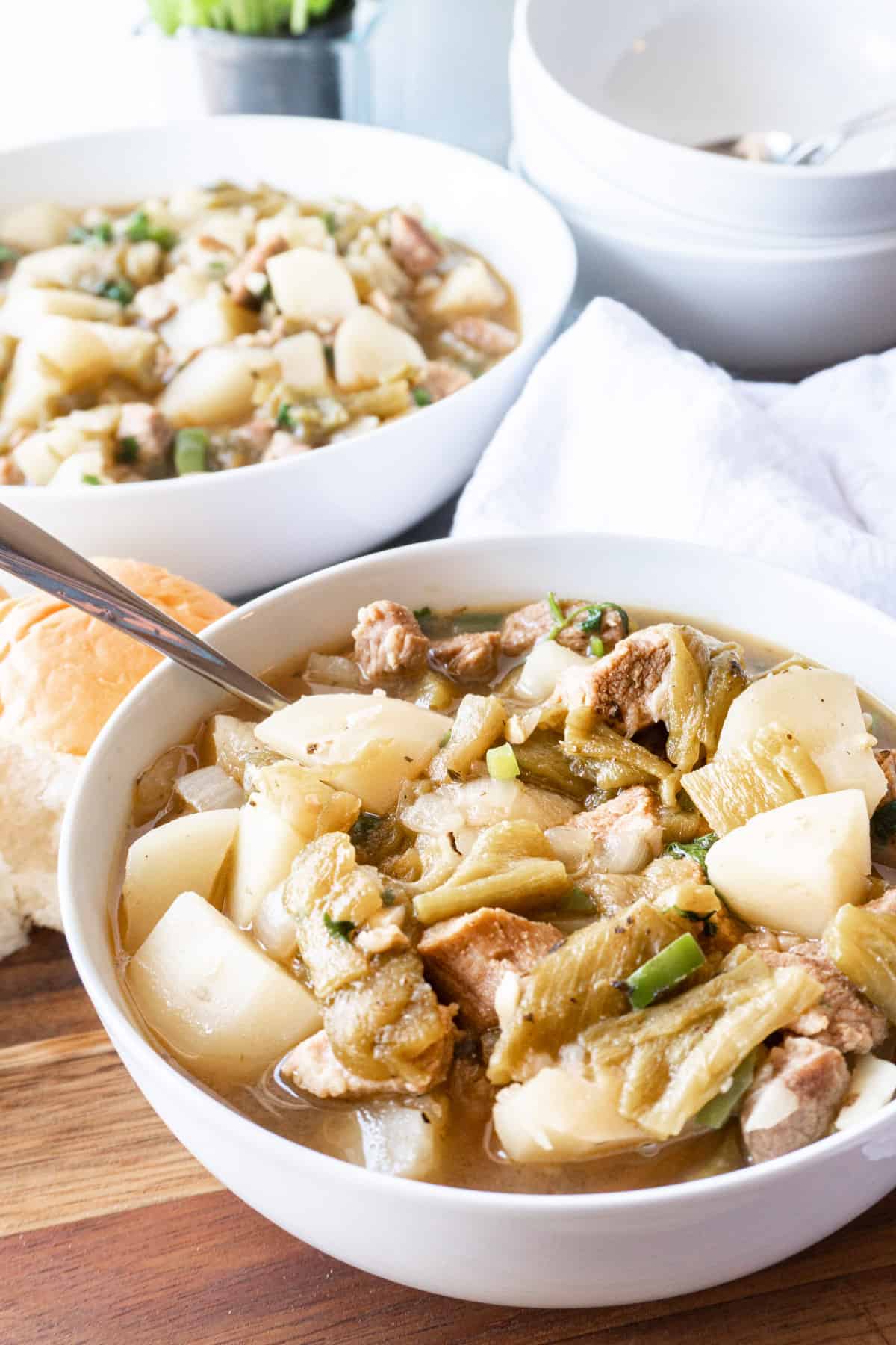 green chile stew in bowls