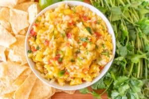 pineapple mango salsa in white bowl