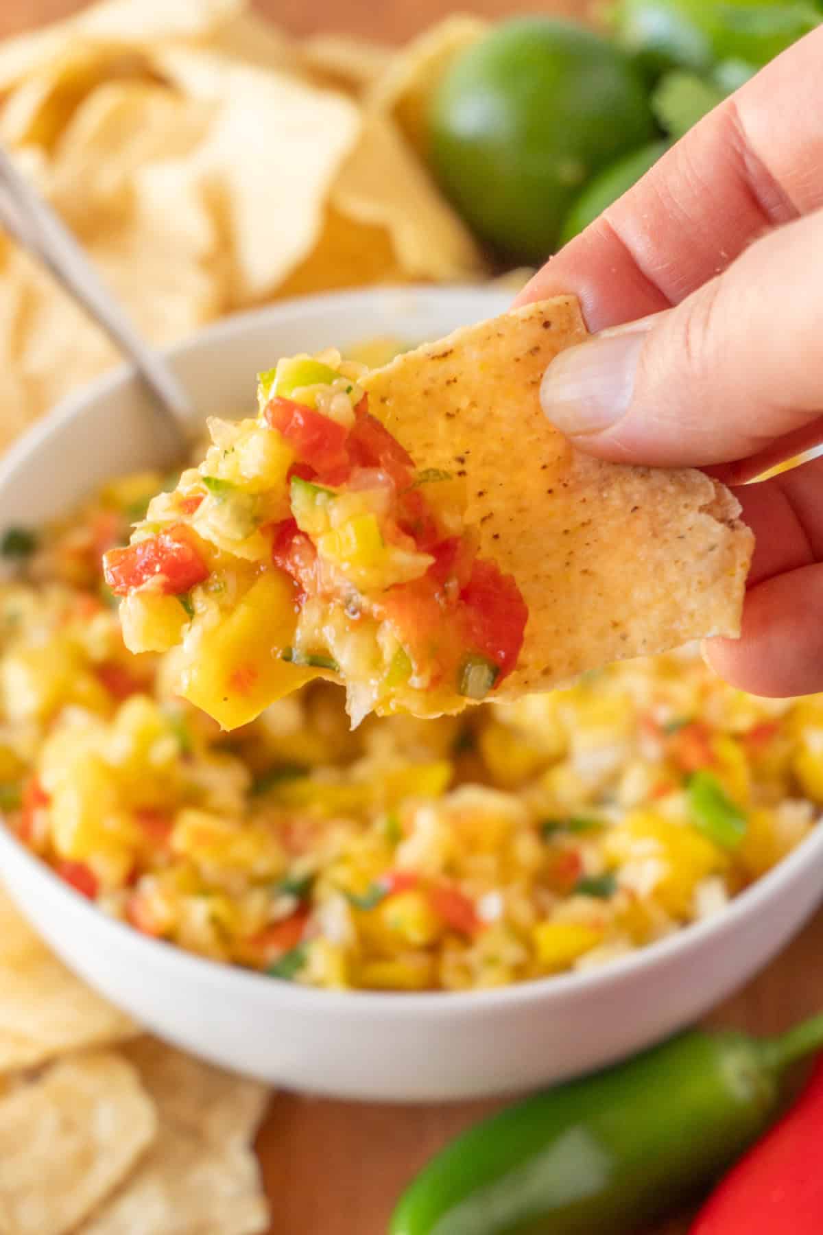 pineapple mango salsa on a chip begin held by hand