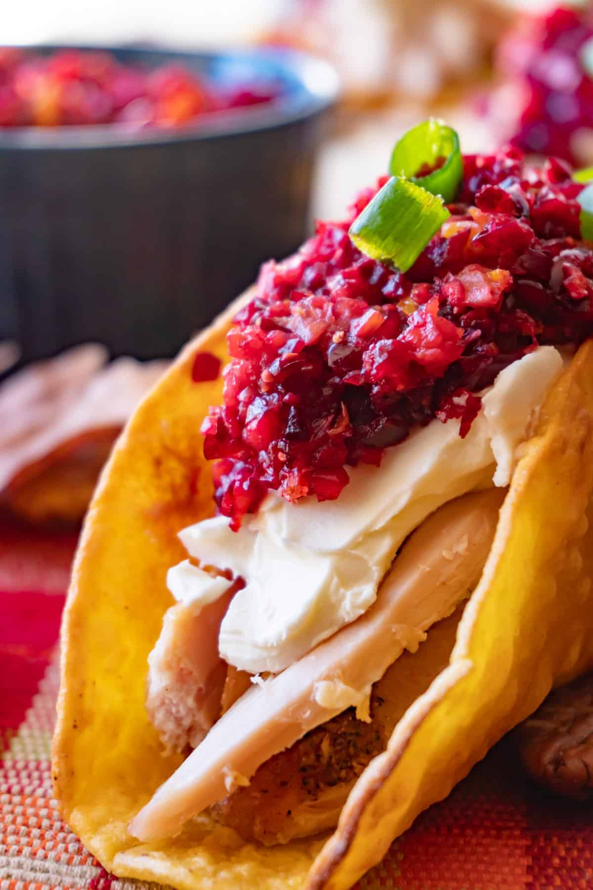 Thanksgiving Turkey Tacos- an easy way to eat up all those leftovers! Filled with classic tasty leftovers of turkey, cream cheese, relish, and stuffing- these turkey tacos are a new spin on leftovers! Close up of Taco with turkey, cream cheese, cranberry relish and green onion